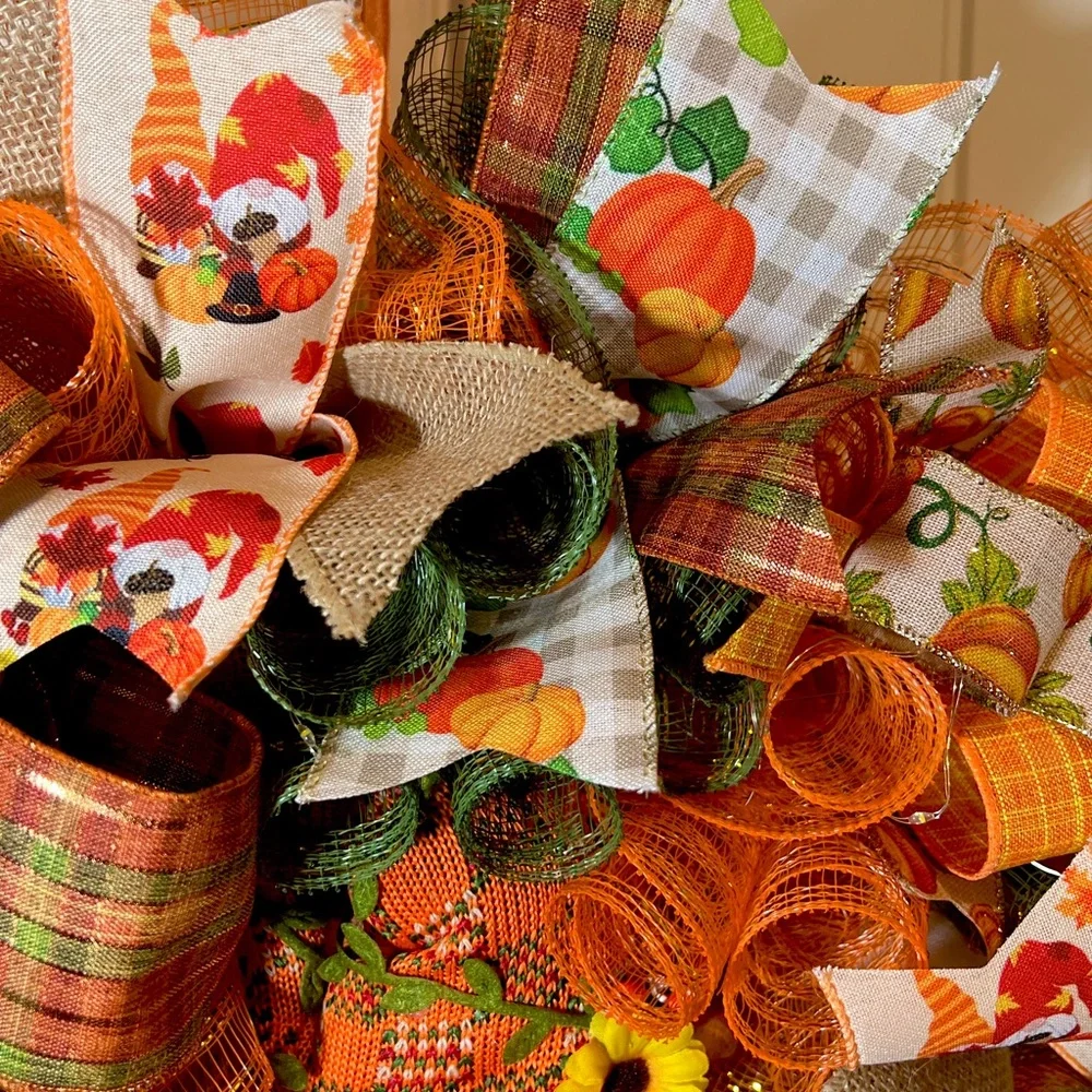 Autum Fall Ribbon Wreath Pumpkin Gnome Handmade 22 in’s. #W2